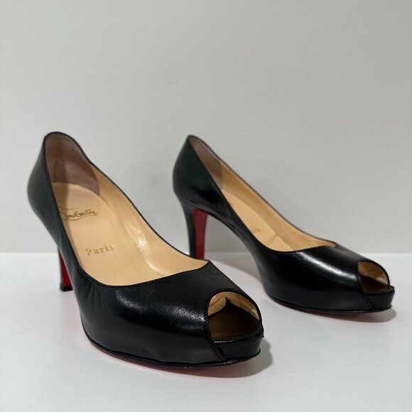 Christian Louboutin Black Leather Platform Peep Toe Heels Pumps Size 38.5 - Picture 1 of 16